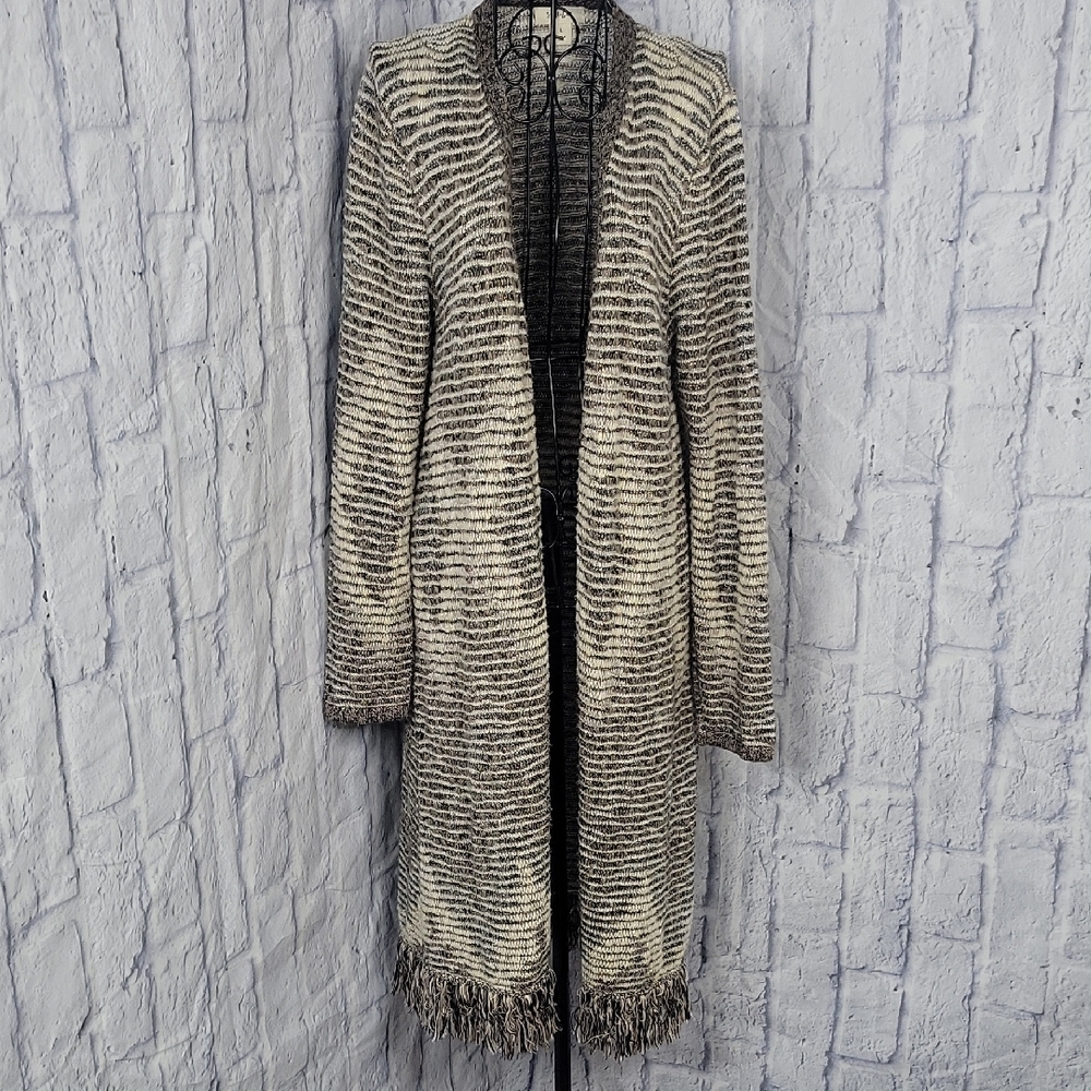 Style & Co. Long Open Front Fringe Hem Striped‎ Cardigan Large